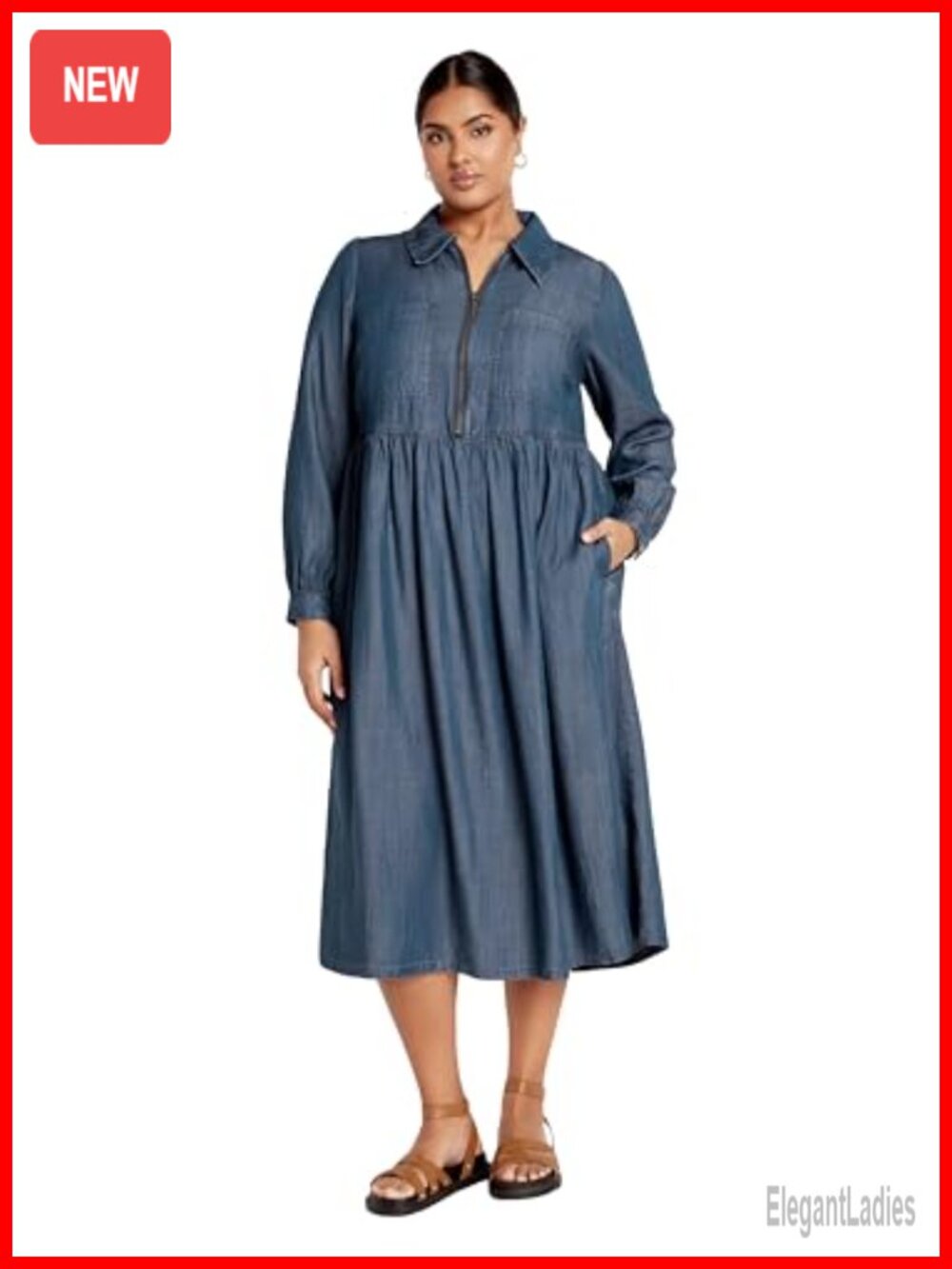 Plus Size Denim Mini Dress Collared Long Sleeve Side Pockets